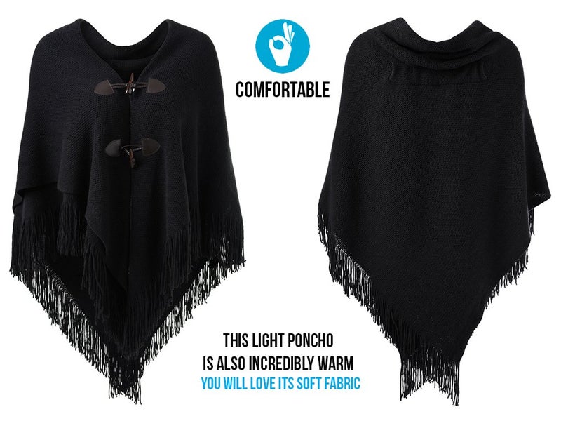 Ferand Womenâ€™s Loose Fitting Poncho Cape Shawl with Stylish Horn Buttons, V Neckline and V Hem, Black - Image 3